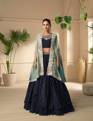 Designer Royal Blue shaded unique Lehenga With Shrug on Georgette Fabric with foil and embroidered work | designer dress | Bollywood Dress