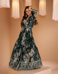 designer anarakali style dark shaded floral inspired dress on pure georgette and net duppatta | designer dress