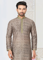 Contrasting indian aspiring Printed khakhi on  jacquard silk Mens kurta for wedding and other occasion comes with pajama