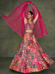 Pink Contrasting silk designer lehenga with detailed embroidery work dupata in net