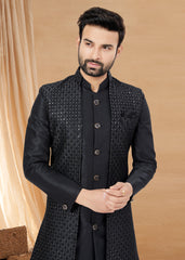 Exclusive Contrasting black Thread and Detailed Embroidery Work Indo Western, Sherwani | Indian Traditional Mens Wear.