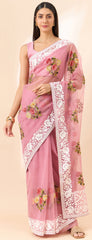 Latest light pink shaded organza saree with detailed embroidery and floral inspired design saree for all occassion
