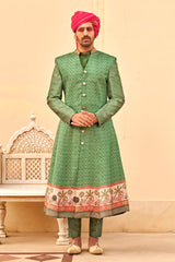 Exclusive latest Light Green designer mens indo western sherwani kurta in pure pv silk and foil inspired with handwork