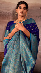 Contrasting Dark Blue shaded Banarasi soft silk saree with detailed banarasi inspired work
