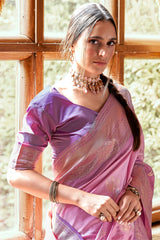Designer contrasting Purple exclusive woven silk saree with pure weaving silk, zari woven butta and contrast border pallu