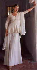 Premium Georgette white shaded sharara dress with detailed embroidery