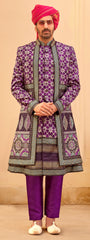 Exclusively Purple couple combo designer outfit in pure pv silk and foil print with detailed hand mirror work