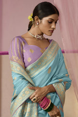 Light Blue Dola Viscose Silk Saree Intricate Flower Pattern Weaving On All Over Saree