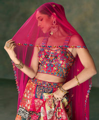 Pink Contrasting silk designer lehenga with detailed embroidery work dupata in net