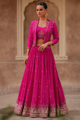 Designer Dark pink lehenga with detailed embroidery Shrug on chinon silk
