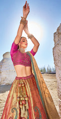 Pure gazzi satin banarasi lehenga with detailed indian aspired print handwork