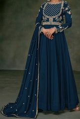 Designer Blue Embroidered Anarkali Dress with detailed thread work and lace | designer dress | anarkali dress