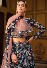Floral inspired printed Blue diva lehenga on crushed silk with lace and tassel | lehenga for all occasion