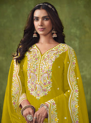 Designer Neon Yellow pure silk Patiala Suits with deatiled embroidery work