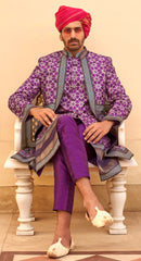 Exclusively Purple couple combo designer outfit in pure pv silk and foil print with detailed hand mirror work
