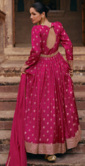 Designer Rani Pink Pure Viscose jaquard silk dress with detailed front and back embroidery