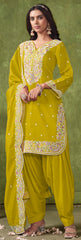 Designer Neon Yellow pure silk Patiala Suits with deatiled embroidery work