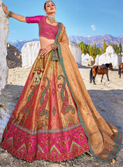 Pure gazzi satin banarasi lehenga with detailed indian aspired print handwork