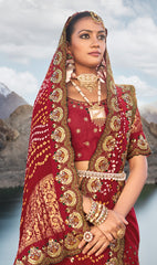 Pure Gazzi Red hand weaved saree with real mirror, moti & cut dana work hand embellished work