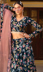 Floral inspired printed Blue diva lehenga on crushed silk with lace and tassel | lehenga for all occasion