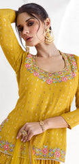 Exclusive designer yellow pure georgette dress with deatiled embroidery and work with premium net and lace duppatta