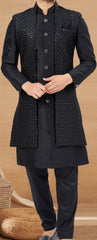 Exclusive Contrasting black Thread and Detailed Embroidery Work Indo Western, Sherwani | Indian Traditional Mens Wear.