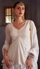 Premium Georgette white shaded sharara dress with detailed embroidery