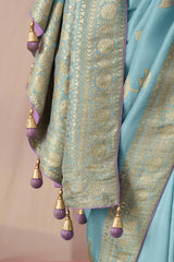 Light Blue Dola Viscose Silk Saree Intricate Flower Pattern Weaving On All Over Saree