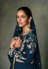 Designer Blue Embroidered Anarkali Dress with detailed thread work and lace | designer dress | anarkali dress