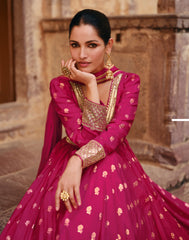 Designer Rani Pink Pure Viscose jaquard silk dress with detailed front and back embroidery