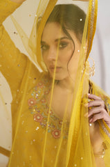 Exclusive designer yellow pure georgette dress with deatiled embroidery and work with premium net and lace duppatta