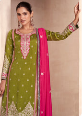 Designer green contrasting pure silk dress with deatiled embroidery work