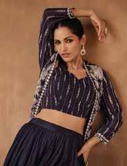 Designer Dark shaded with detailed embroidery Shrug Style indo western Lehenga for all occassion