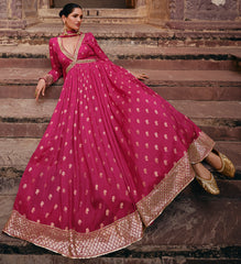 Designer Rani Pink Pure Viscose jaquard silk dress with detailed front and back embroidery
