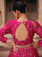 Designer Rani Pink Pure Viscose jaquard silk dress with detailed front and back embroidery