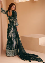 designer anarakali style dark shaded floral inspired dress on pure georgette and net duppatta | designer dress