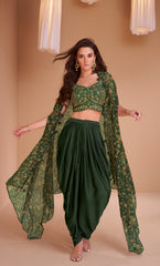Exclusive handwork on viscose nylon Dhoti style Green dress with floral shrug | unique dress indian wear