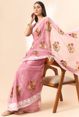 Latest light pink shaded organza saree with detailed embroidery and floral inspired design saree for all occassion