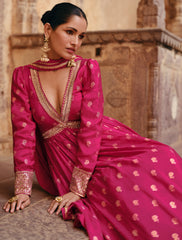 Designer Rani Pink Pure Viscose jaquard silk dress with detailed front and back embroidery