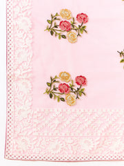 Latest light pink shaded organza saree with detailed embroidery and floral inspired design saree for all occassion