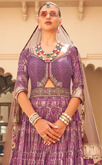 Exclusively for couple combo Purple designer outfit in pure pv silk and foil print with detailed hand mirror work