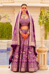 Exclusive latest Purple designer Lehenga in pure pv silk and foil print with detailed embroidery, hand and mirror work