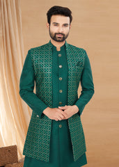 Exclusive Contrasting rama green Thread and Detailed Embroidery Work Indo Western, Sherwani | Indian Traditional Mens Wear