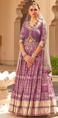 Exclusively for couple combo Purple designer outfit in pure pv silk and foil print with detailed hand mirror work