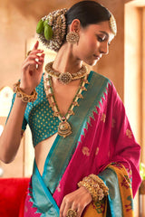 Rani Pink Mercerized Sigma Silk ︎With Classical Patola Design And SambalPuri Print With Aqua Finish