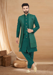 Exclusive Contrasting rama green Thread and Detailed Embroidery Work Indo Western, Sherwani | Indian Traditional Mens Wear