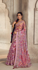 Exquisite Contrasting Light Pink Floral Organza saree with beautiful print, piping work or tassels on pallu | party wearr saree | Festive saree