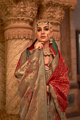 Red contrasting blouse on Jacquard Weaved Banarasi Design saree With Stone Work | Banarasi Saree