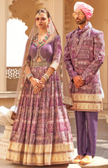 Exclusive latest Purple  designer mens indowestern sherwani kurta in pure pv silk and foil print patola inspired with handwork