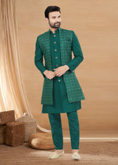 Exclusive Contrasting rama green Thread and Detailed Embroidery Work Indo Western, Sherwani | Indian Traditional Mens Wear